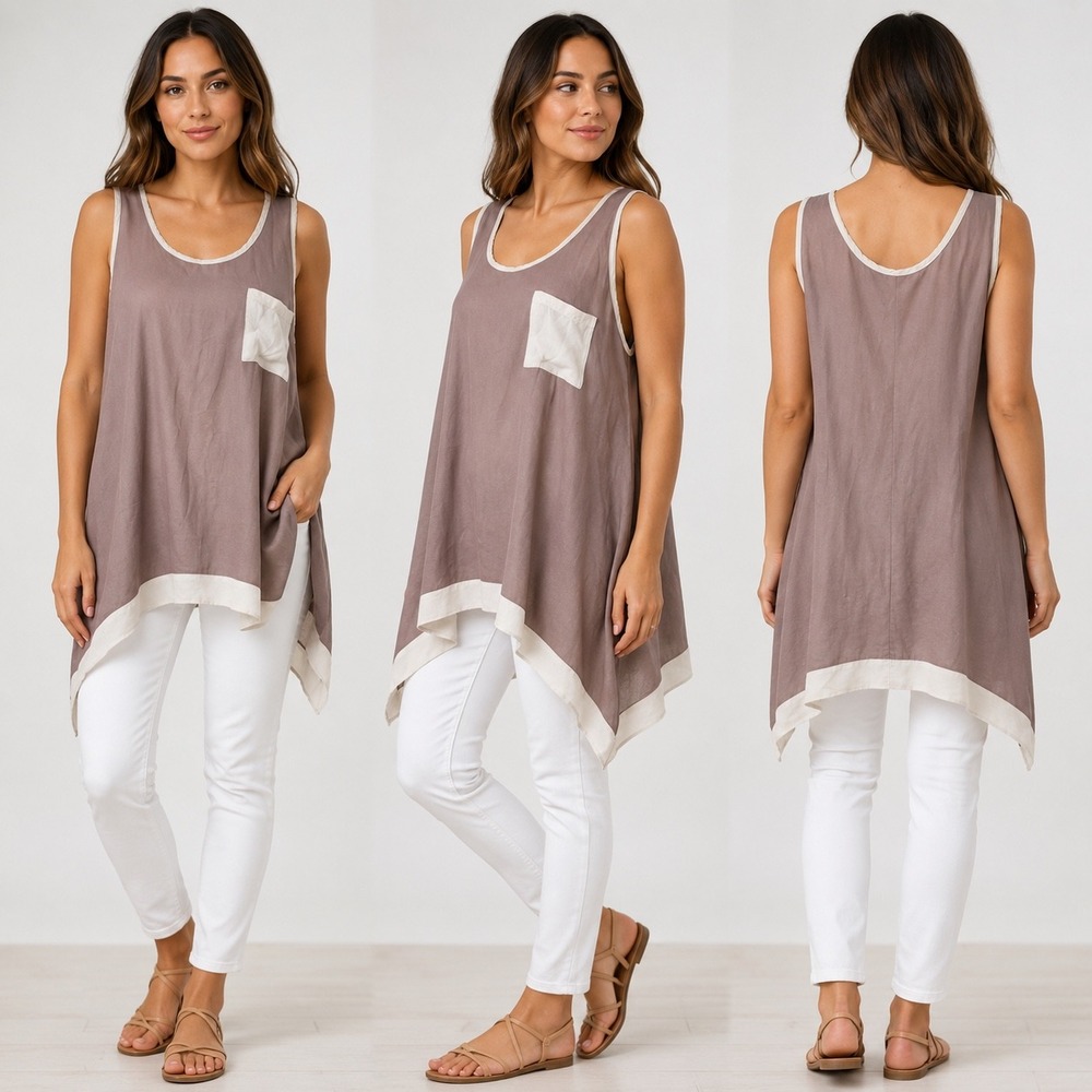 Daytrip Tank Top Womens Large Taupe Cream Sheer Handkerchief Hem Tunic